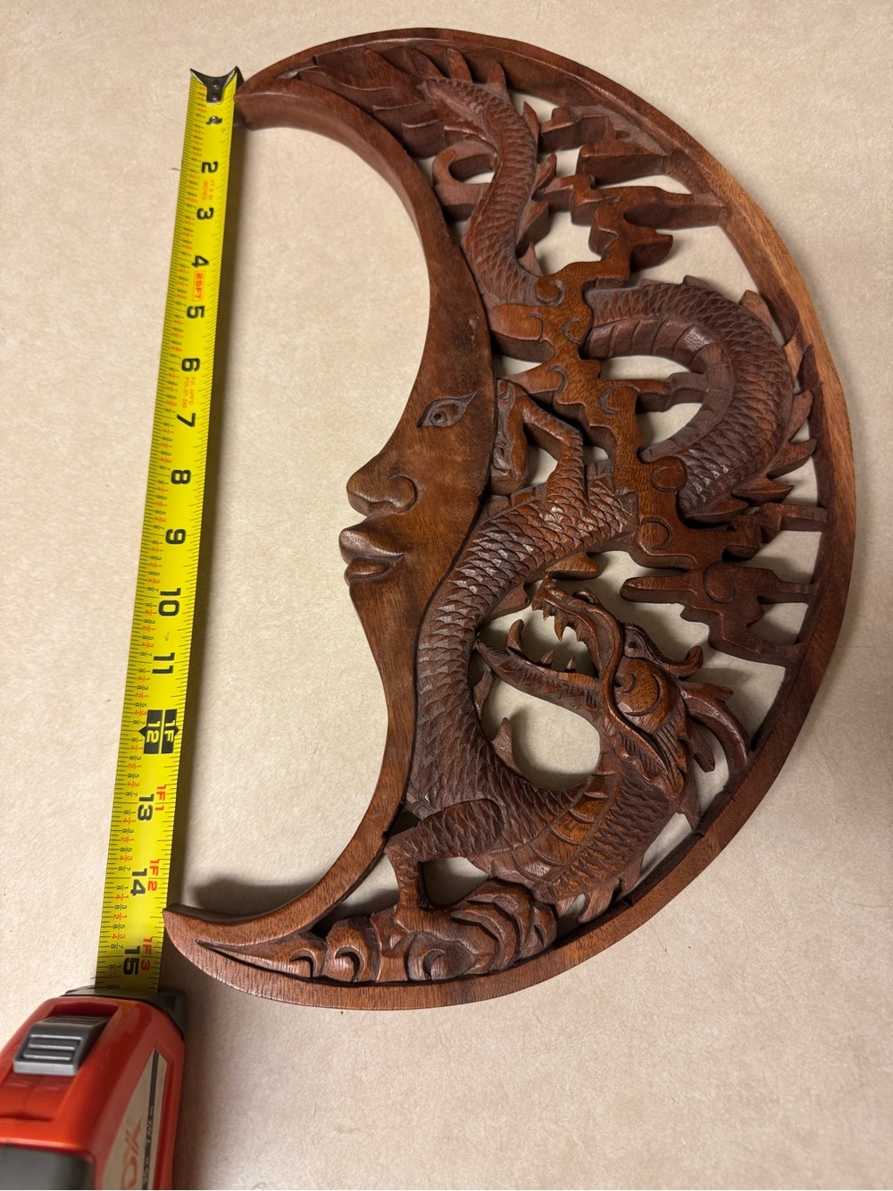 Hand-Carved Wooden Moon & Dragon Wall Accent - Brown
